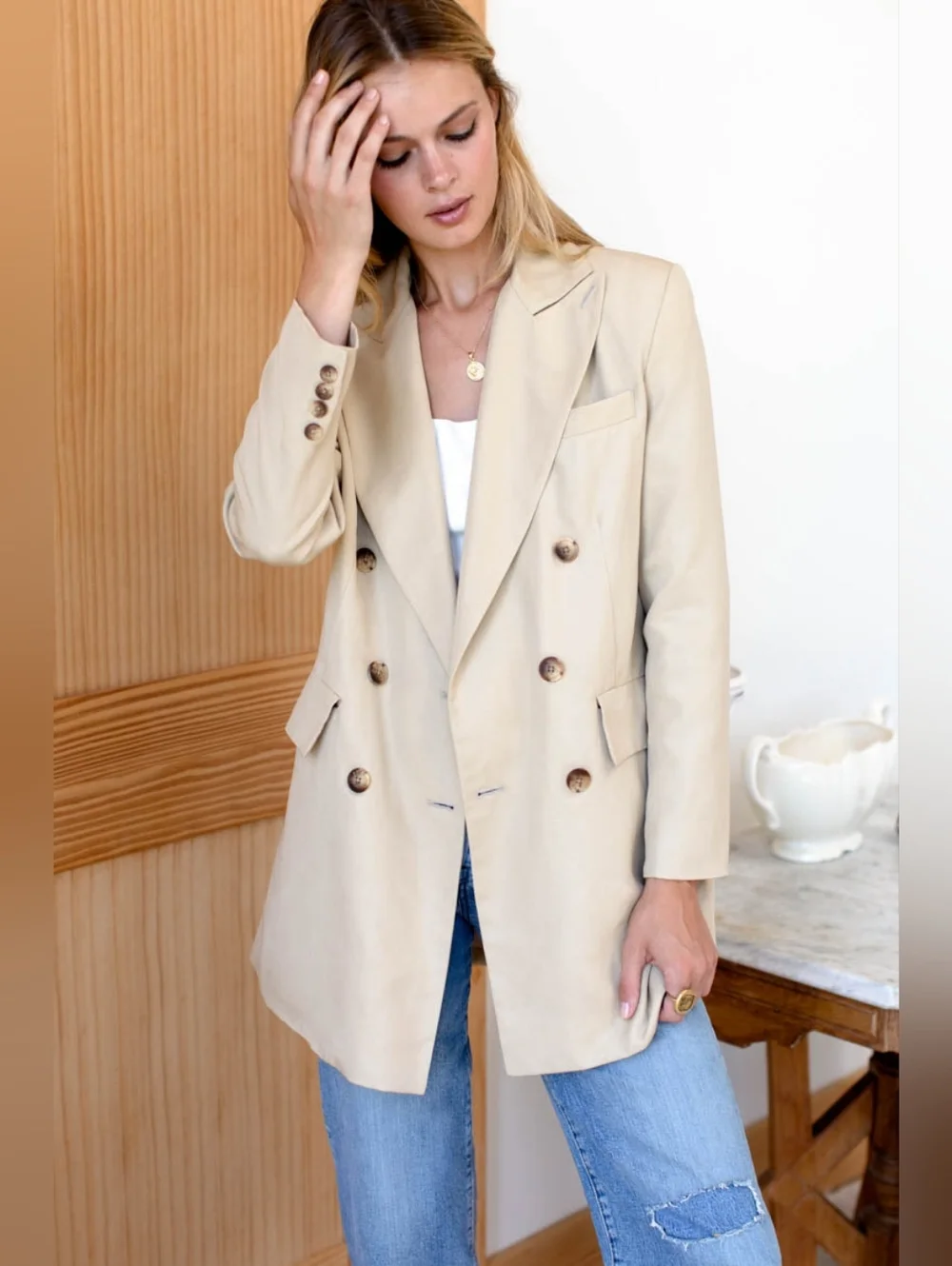 Emerson Fry Double-Breasted Beige Blazer - Picture 1 of 9